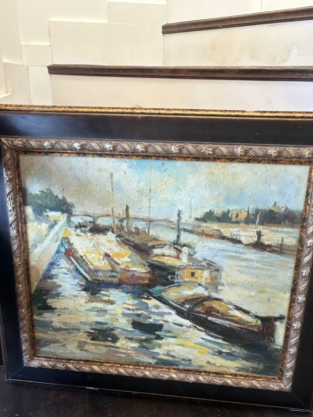 Vintage Oil Painting on Canvas Seascape Boats Canal River Framed Art Wall Decor